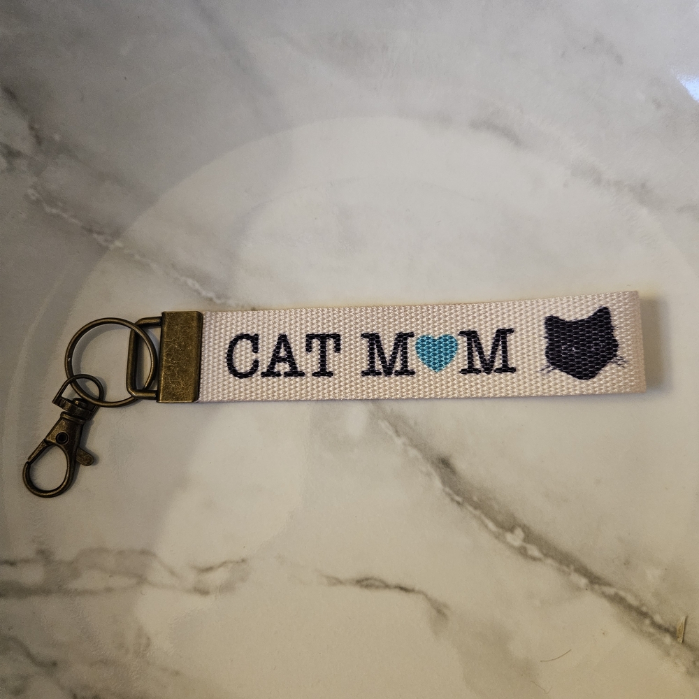 Cat Mom Keychain with Blue and Black Accents